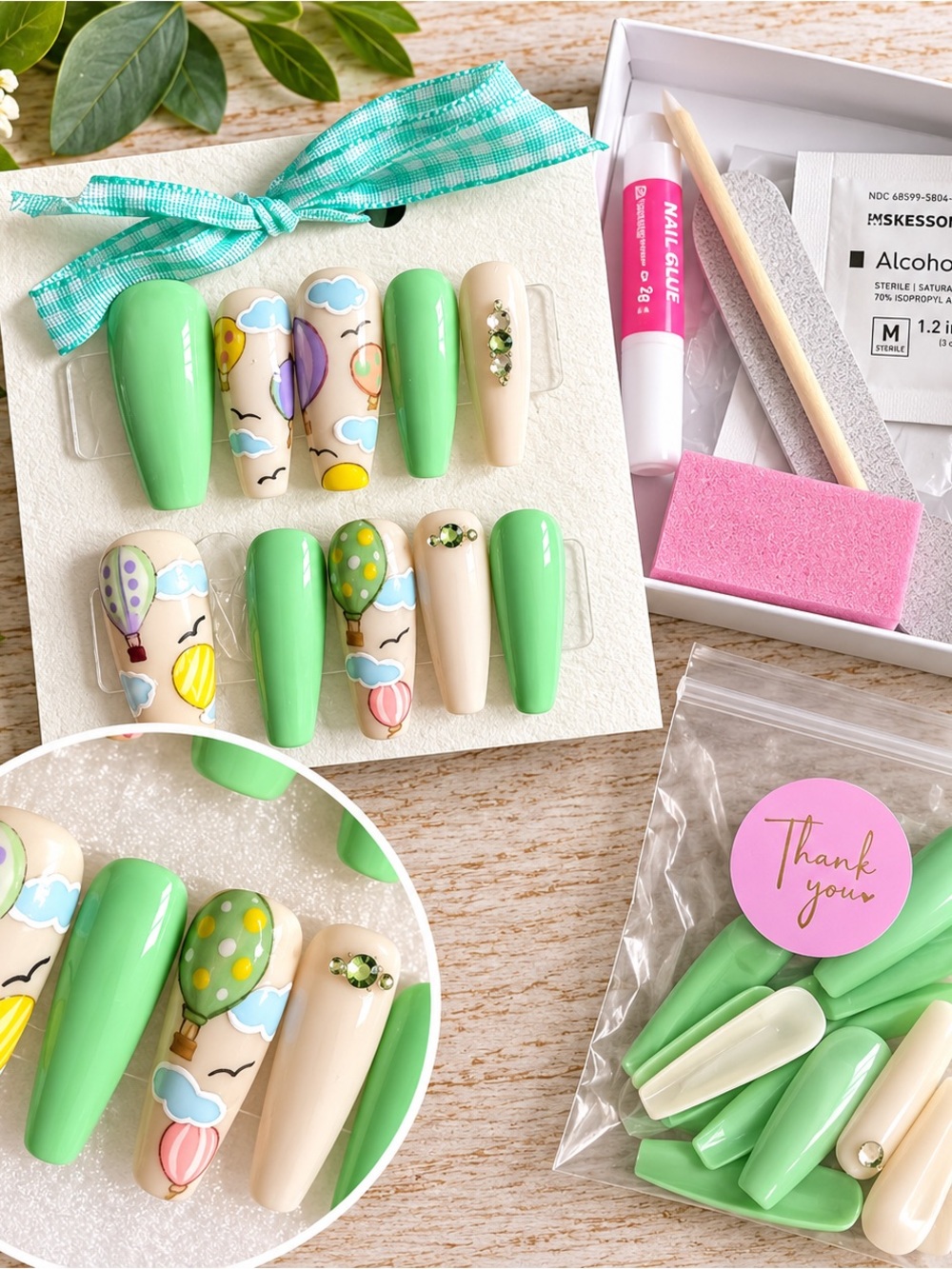 Handmade Mint Green Hot Air Balloon Press-On Nails – 20 Piece Ballerina Set